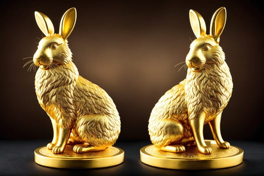 The image is a pair of golden statues of rabbits sitting on a grey background.