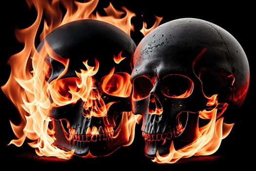 The image shows two skulls with flames coming out of their mouths, surrounded by a fiery background.