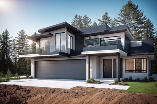 The image shows a modern, two-story house with a large garage and a spacious backyard.