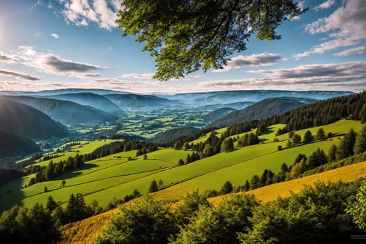 The image is a scenic view of a green valley with mountains in the background, taken at sunrise.