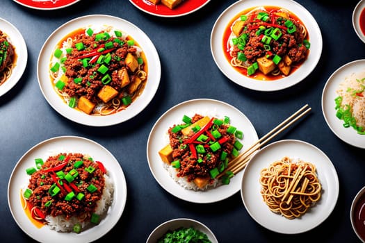 The image shows a variety of dishes, including noodles, rice, and meat, arranged on a table with chopsticks and forks.