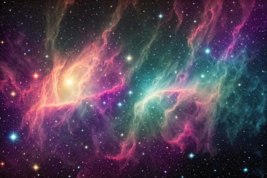 The image is a pink nebula with stars and galaxies in the background.