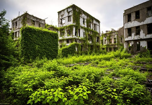 The image shows a dilapidated building with overgrown vegetation in the background.