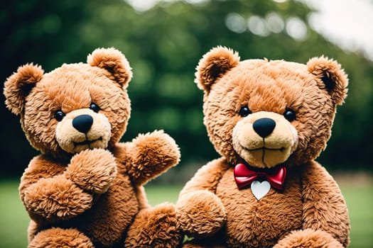 The image shows two brown teddy bears sitting next to each other, one wearing a red bow tie and the other wearing a blue one.