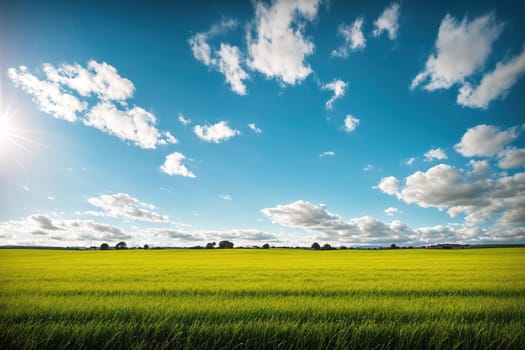 The image shows a green field with a blue sky in the background.