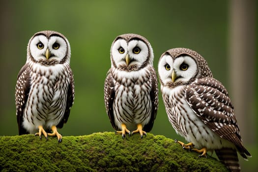 The image shows three white owls perched on a mossy rock, looking at the camera with their big round eyes.