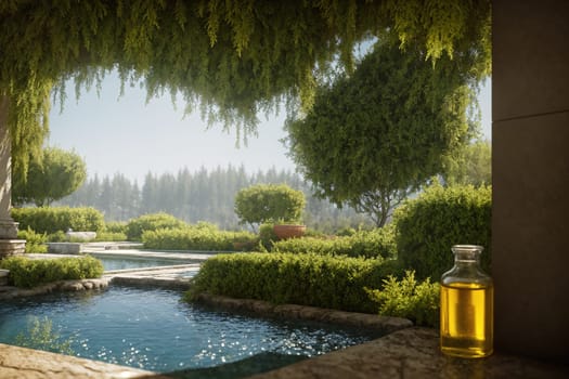 The image depicts a serene and tranquil garden with a small pond in the center, surrounded by lush greenery and a few trees, with a bottle of oil sitting on a nearby table.