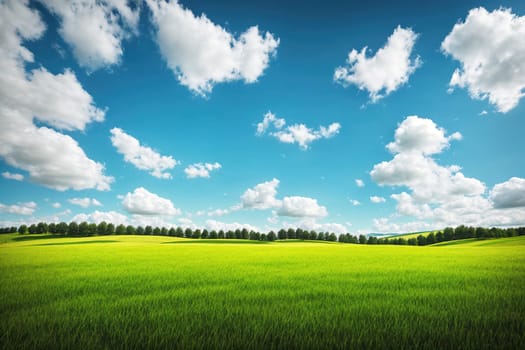 The image shows a green field with trees in the background and a blue sky with clouds in the distance.