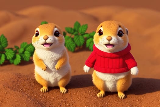 The image shows two cartoon rabbits standing next to each other, one wearing a red sweater and the other wearing a blue sweater.