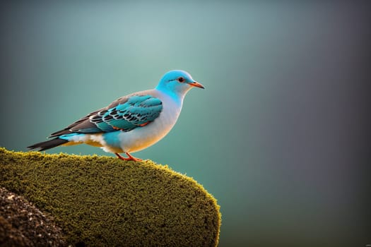 The image is of a blue and white bird perched on a rock in the middle of a green field.