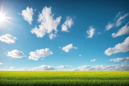 The image shows a green field with clouds in the sky.