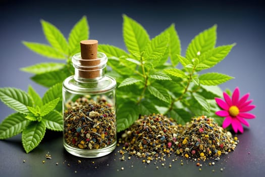 The image shows a glass vial filled with dried herbs and flowers, surrounded by green leaves and a pink flower.
