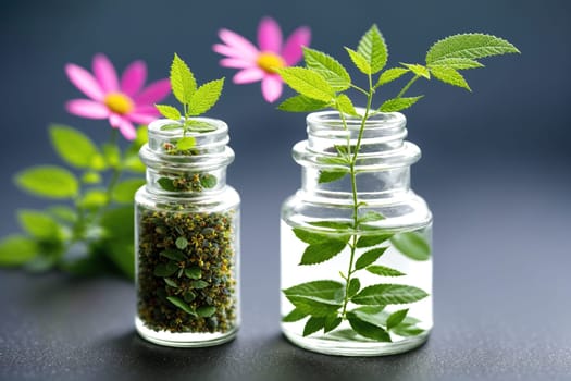 The image shows two glass vials filled with green plants and pink flowers.