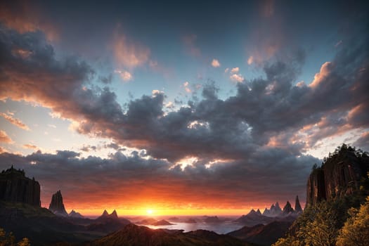 The image is a scenic view of a mountain range at sunset, with the sun setting behind the mountains and casting a warm glow over the landscape.