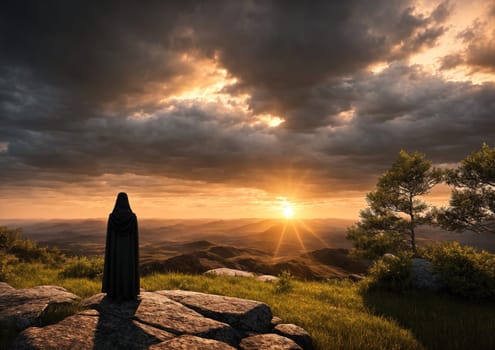 The image depicts a person standing on a rocky outcropping overlooking a valley with mountains in the background.