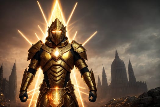 The image depicts a knight standing in the middle of a barren wasteland, surrounded by a halo of light.