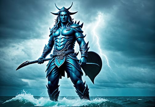 The image depicts a mythical figure standing on a rock in the middle of the ocean, with lightning bolts striking the sky behind him.