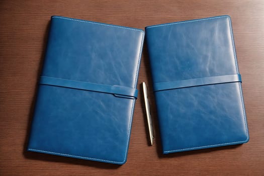 The image is a blue notebook with a pen and paper on a wooden surface.