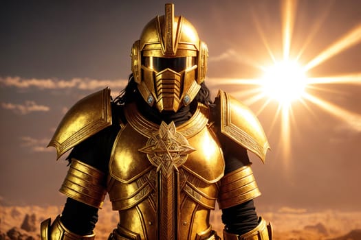 The image shows a golden armored warrior standing in the middle of a desert with the sun shining behind him.