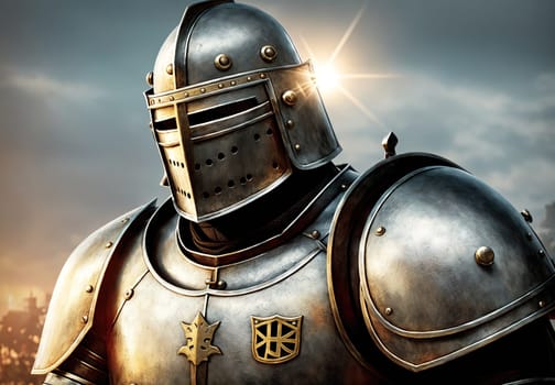 The image shows a knight in full armor standing in front of a sunset, with his sword held at the ready.