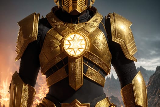 The image shows a person wearing a gold armor suit with a helmet and a cape, standing in front of a dark background.