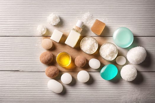 The image is a collection of various bath and body products such as shampoo, conditioner, body wash, and lotion.