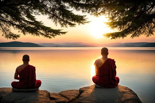 The image shows two monks sitting on rocks by a lake at sunset, with the sun setting behind them and the mountains in the background.