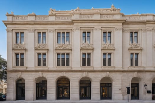 The image shows a large, white building with several windows on the front and a large, ornate entrance.