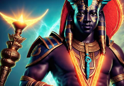The image depicts a mythical Egyptian god with a crown on his head, holding a staff in one hand and an ankh in the other.