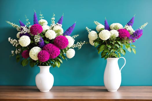 The image shows two vases filled with pink and white flowers on a table.