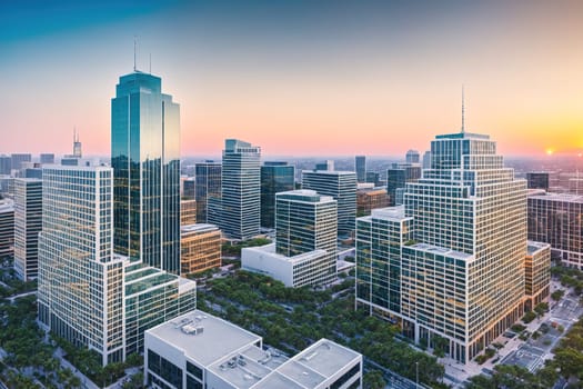 The image shows a city skyline with tall buildings and a sunset in the background.