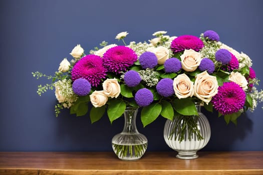 The image shows a vase filled with pink and purple flowers.