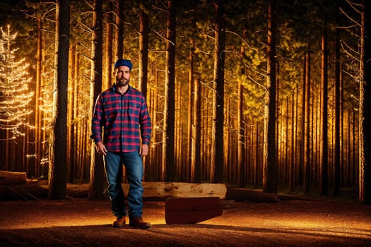 The image shows a man standing in the middle of a forest, wearing a plaid shirt and jeans, with his arms crossed and looking off into the distance.