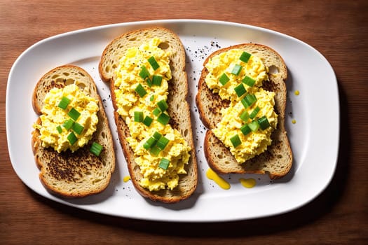 The image shows a plate of toast with scrambled eggs and bacon on it.