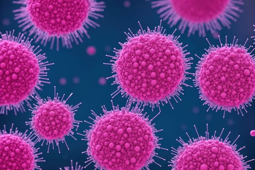 The image is a group of pink bacteria, each one with a distinct shape and size.