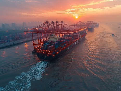 Business Shipping Operations Managed Efficiently at Bustling Port, Cargo ships and cranes set the scene for a narrative of global trade and business logistics.