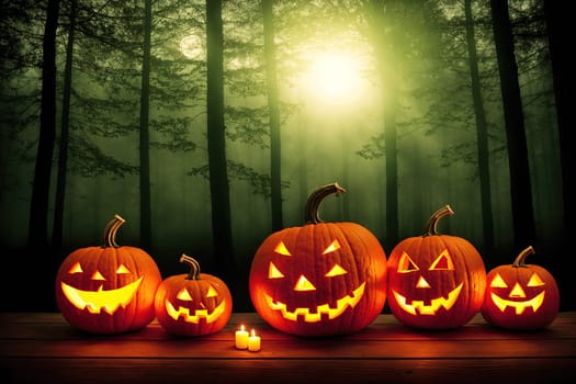 The image shows a group of pumpkins with glowing eyes and smiling faces arranged in a row on a dark forest floor.
