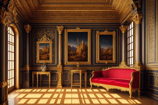 The image depicts a grand, ornate room with a red couch in the center and paintings on the walls.