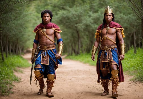 The image shows two men dressed in ancient Egyptian clothing, one holding a staff and the other holding a spear, walking down a dirt path in a forest.