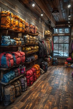 Outdoor Gear Store Equips Adventurous Spirits in Business of Exploration Retail, Hiking boots and gear displays equip a story of adventurous spirits and exploration retail in the outdoor gear store business.