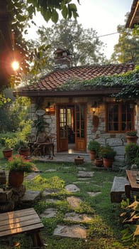 Rustic Bed and Breakfast Awaiting Guests in the Countryside, The blurry charm of the inn suggests hospitality and relaxation.