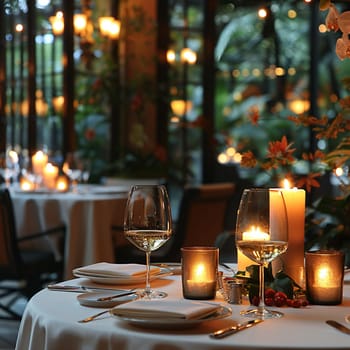 Candlelit Fine Dining Experience for Discerning Business Clients, The romantic blur of an upscale restaurant prepares to host discerning business dinners.