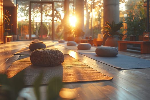 Serene Yoga Class in Session at a Sunlit Wellness Center, The tranquil blur of figures in poses against the morning light emphasizes balance and harmony.