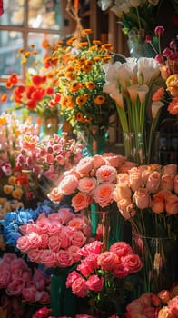Cheerful Flower Shop Bursting with Colorful Arrangements for Sale, The soft focus on blooms suggests the fragrance and beauty of floral artistry.