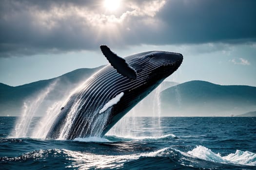 The image shows a humpback whale jumping out of the water, with its tail and flippers in the air, as it breaches the surface.