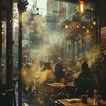 Cozy Coffee House Corner with Blurred Patrons and Steamy Mugs, The hazy warmth of the interior invites contemplation and community.