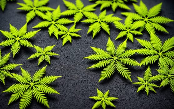 The image is a group of green leaves arranged in a pattern on a grey background.