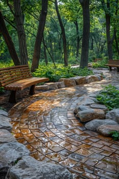 Serene Public Garden Invites Business Professionals to Unwind, Paths and benches offer a narrative of respite and contemplation amid business chaos.