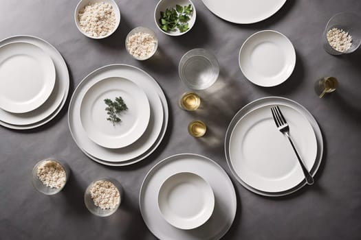 The image is a table setting with white plates, silverware, and glasses arranged on a gray surface.