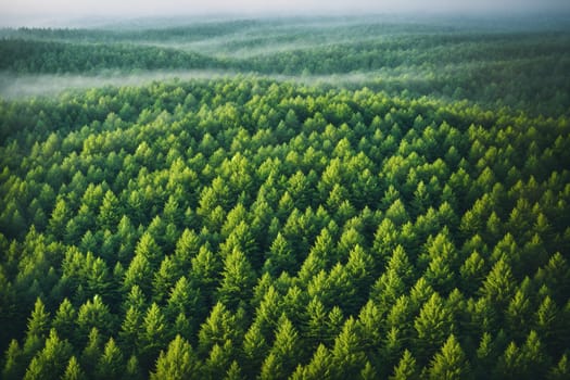 The image shows a dense forest with tall trees in the foreground and fog in the background.